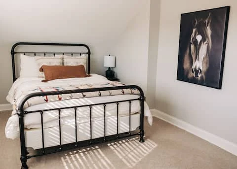 A queen bed with a dark metal frame and horse artwork
